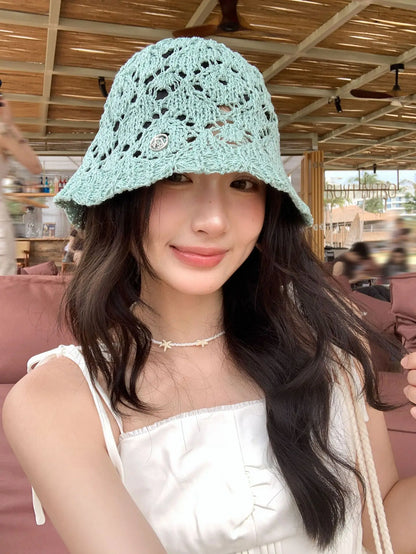 Cute Beige Hollow Knit Crochet Bucket Hat