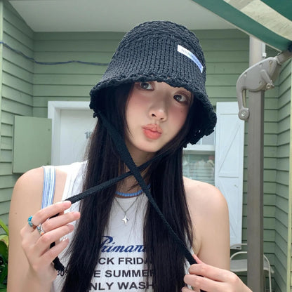 Womens Blue Woven Fisherman Large Brim Bucket Hat