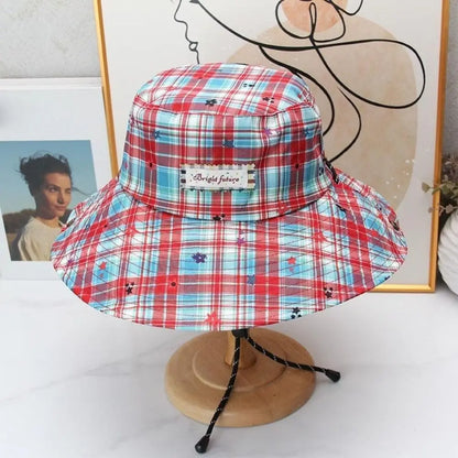Portable Plaid Wide Brim Adjustable Sun Protection Bucket Hat