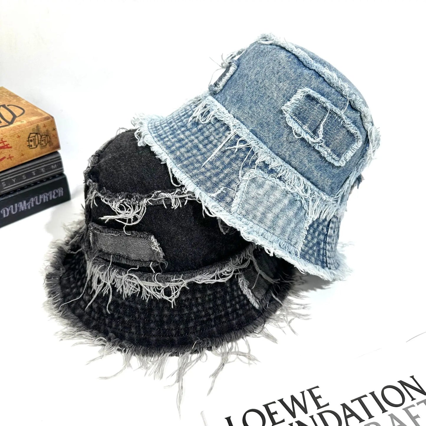 Korean Washed Denim Tassel Brim Bucket Hat