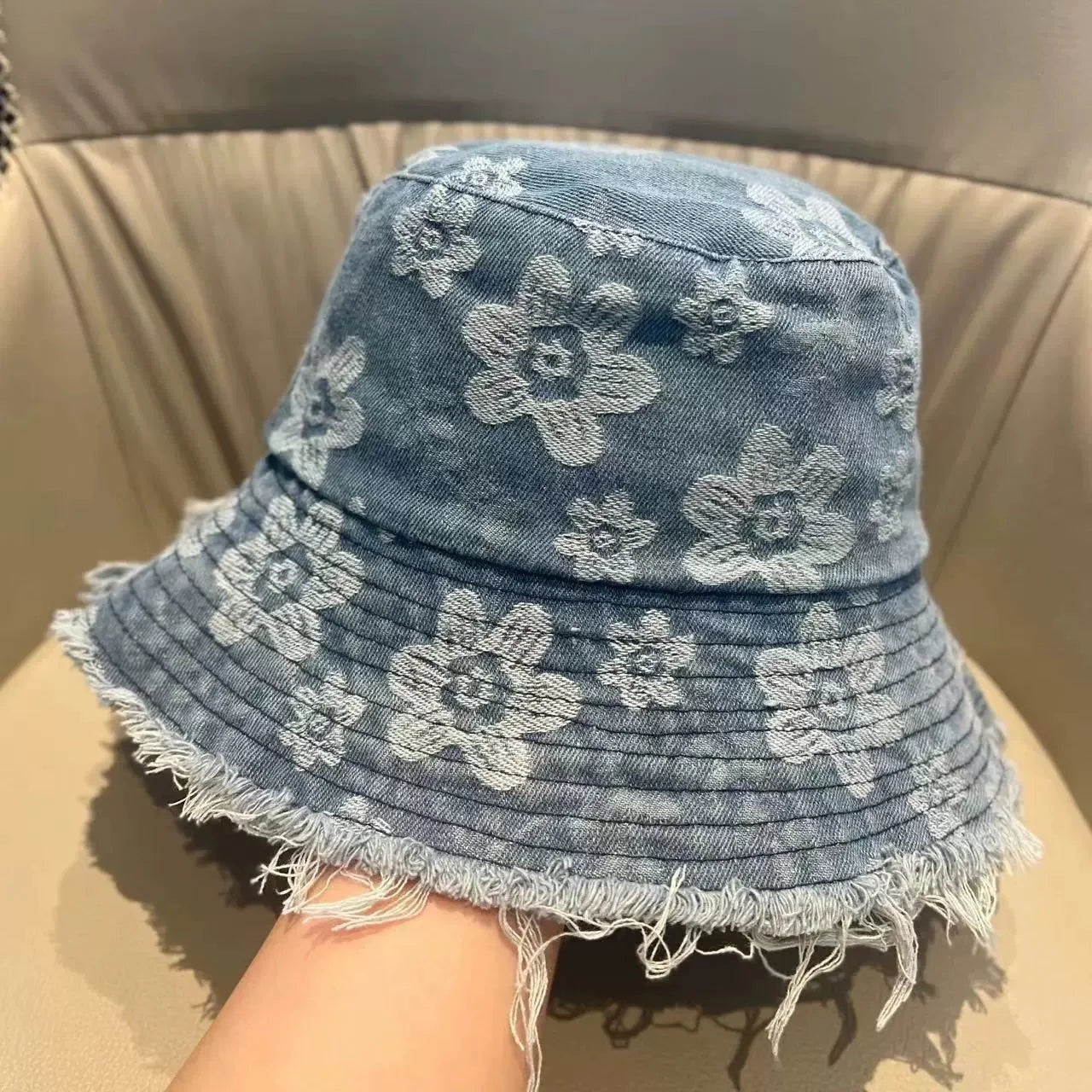 Korean Floral Print Washed Denim Summer Bucket Hat