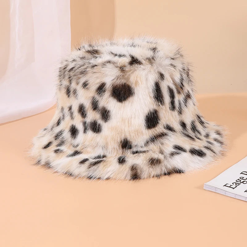 Korean Leopard Fox Fur Bucket Hat Women Autumn Winter