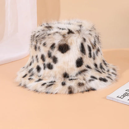 Korean Leopard Fox Fur Bucket Hat Women Autumn Winter