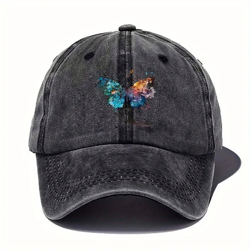 Colorful Watercolor Butterfly Distressed Cotton Baseball Cap