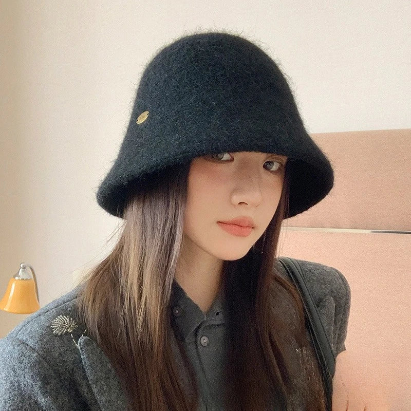 Winter Wool Solid Bucket Hat for Women