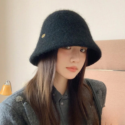 Winter Wool Solid Bucket Hat for Women
