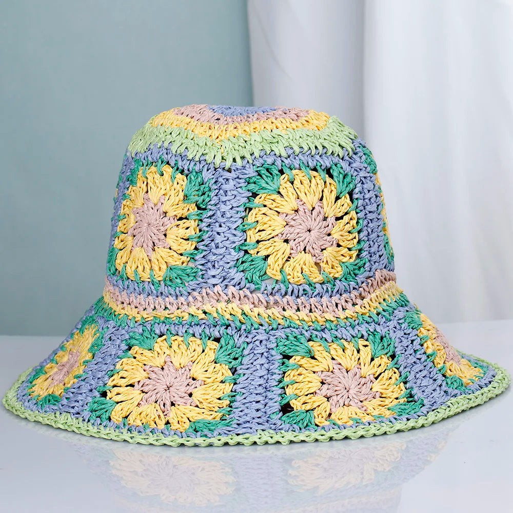 Womens Crochet Straw Foldable Summer Bucket Hat