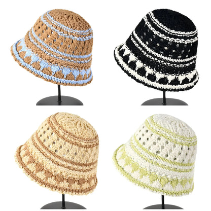 Korean Striped Hollow Out Summer Bucket Hat