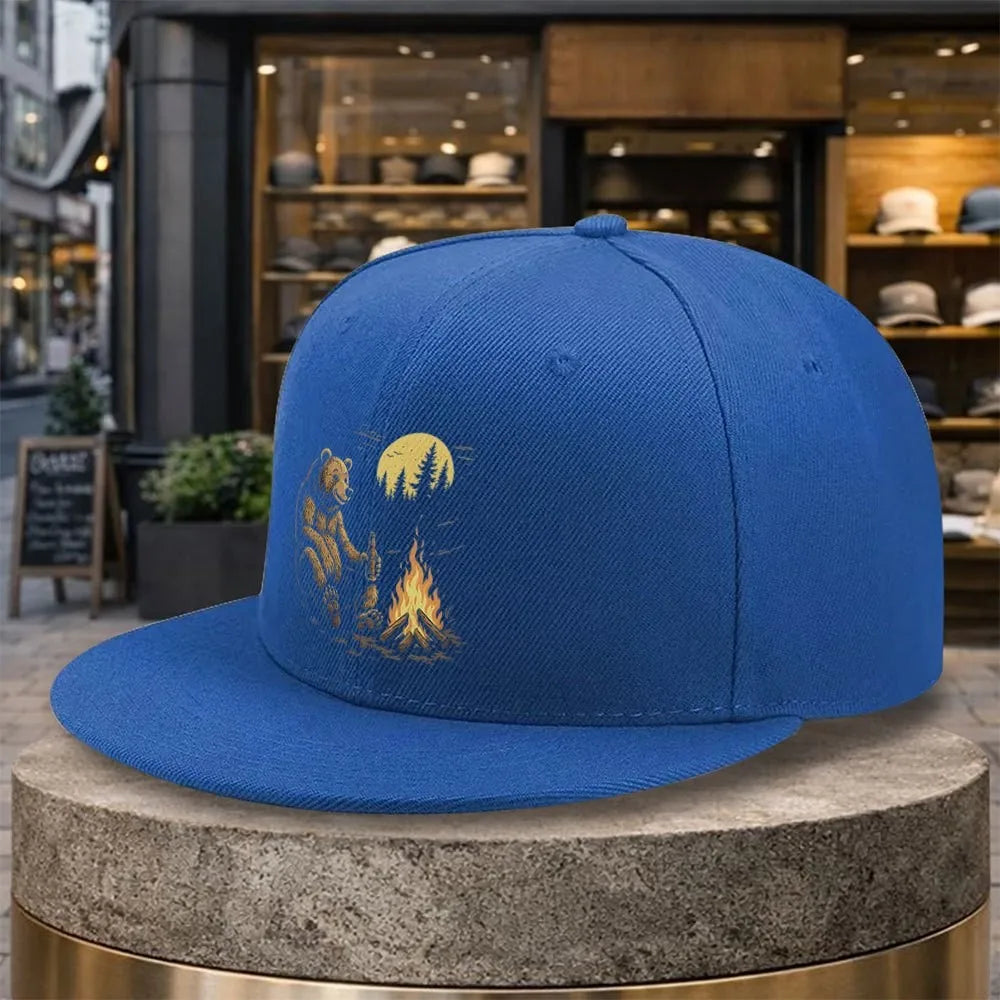 Bear Campfire Moon Silhouette Snapback Cap