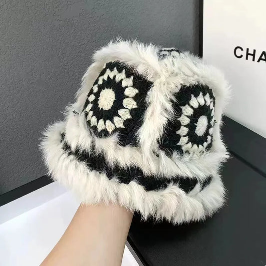 Women Rabbit Fur Crochet Winter Bucket Hat