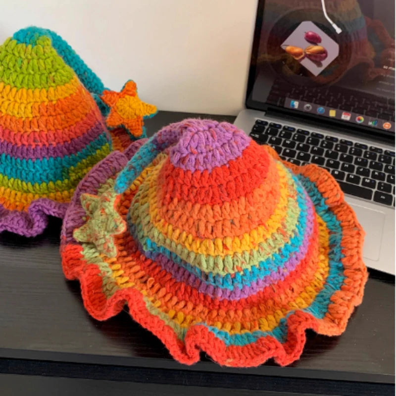 Korean Dopamine Colorblock Star Crochet Bucket Hat