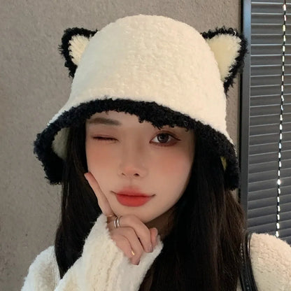 Plush Knit Cat Ears Bucket Hat