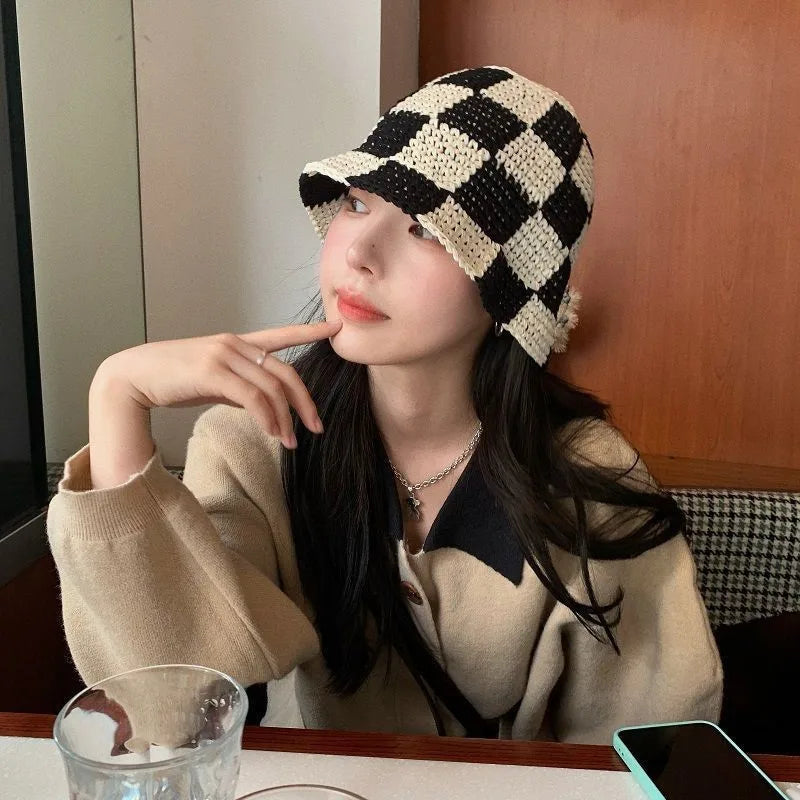 Korean Handmade Crochet Plaid Fisherman Bucket Hat