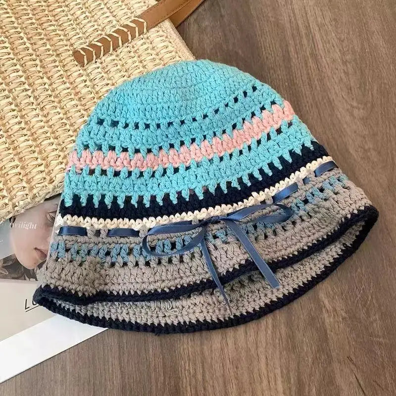 Bow Colored Knitted Hollow Travel Woolen Bucket Hat