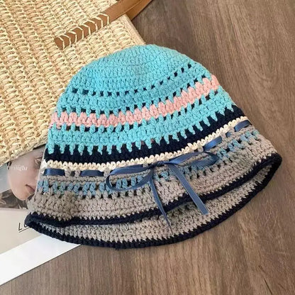 Bow Colored Knitted Hollow Travel Woolen Bucket Hat