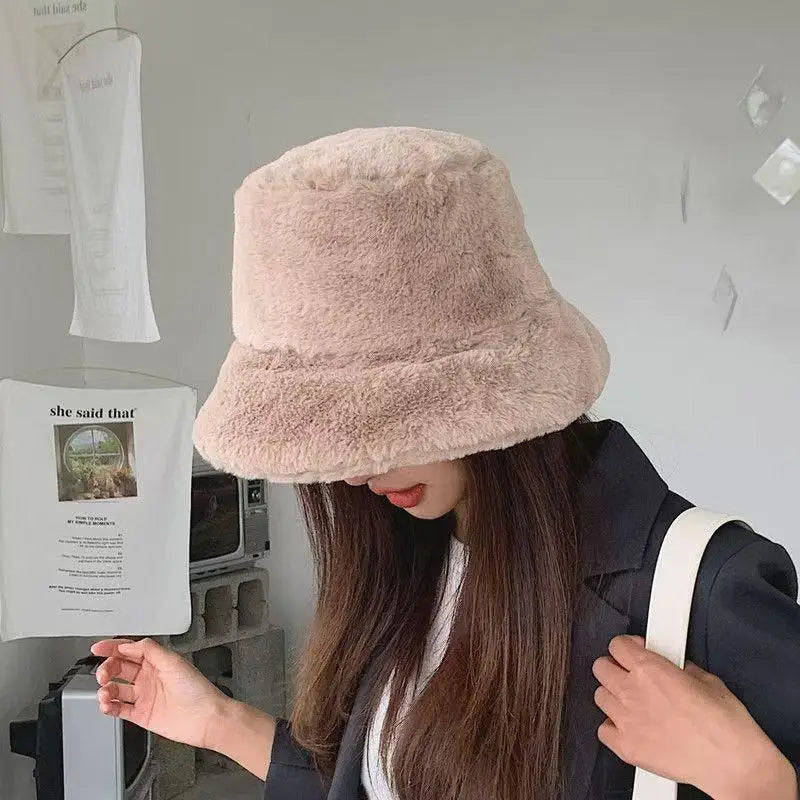 Faux Fur Winter Bucket Hat Women Soft Warm Fisherman Cap