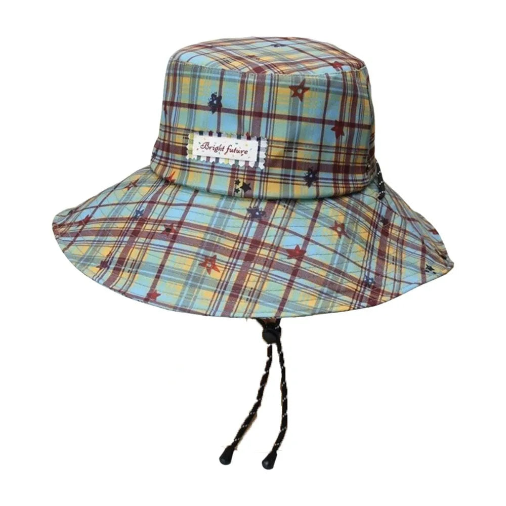 Portable Plaid Wide Brim Adjustable Sun Protection Bucket Hat