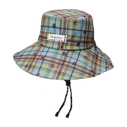 Portable Plaid Wide Brim Adjustable Sun Protection Bucket Hat