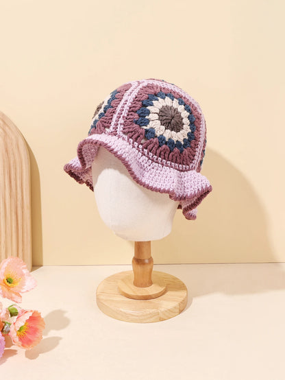 Retro Pink Purple Crochet Knit Bucket Hat
