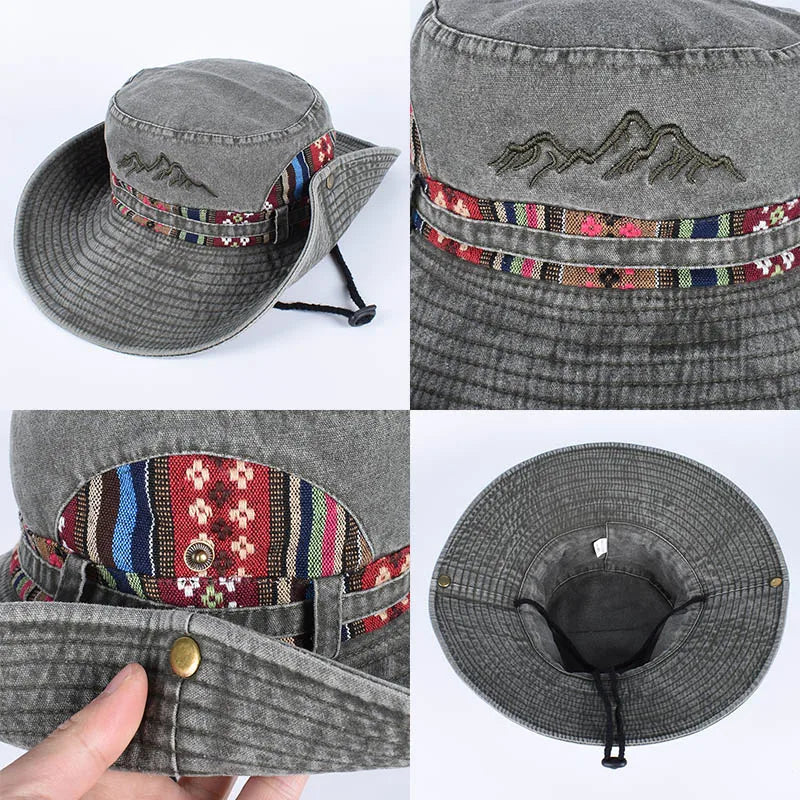 Vintage Embroidered Wide Brim Bucket Hat Unisex