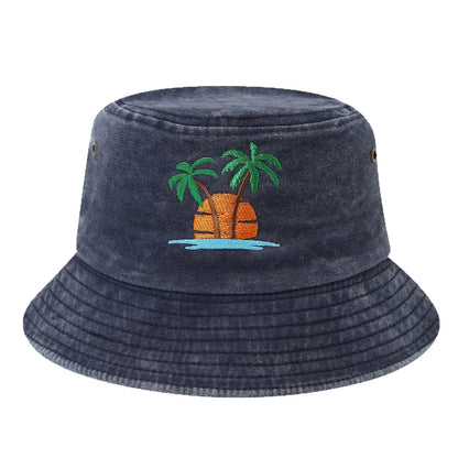 Distressed Coconut Tree Embroidered Beach Bucket Hat