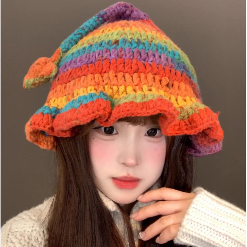 Korean Dopamine Colorblock Star Crochet Bucket Hat