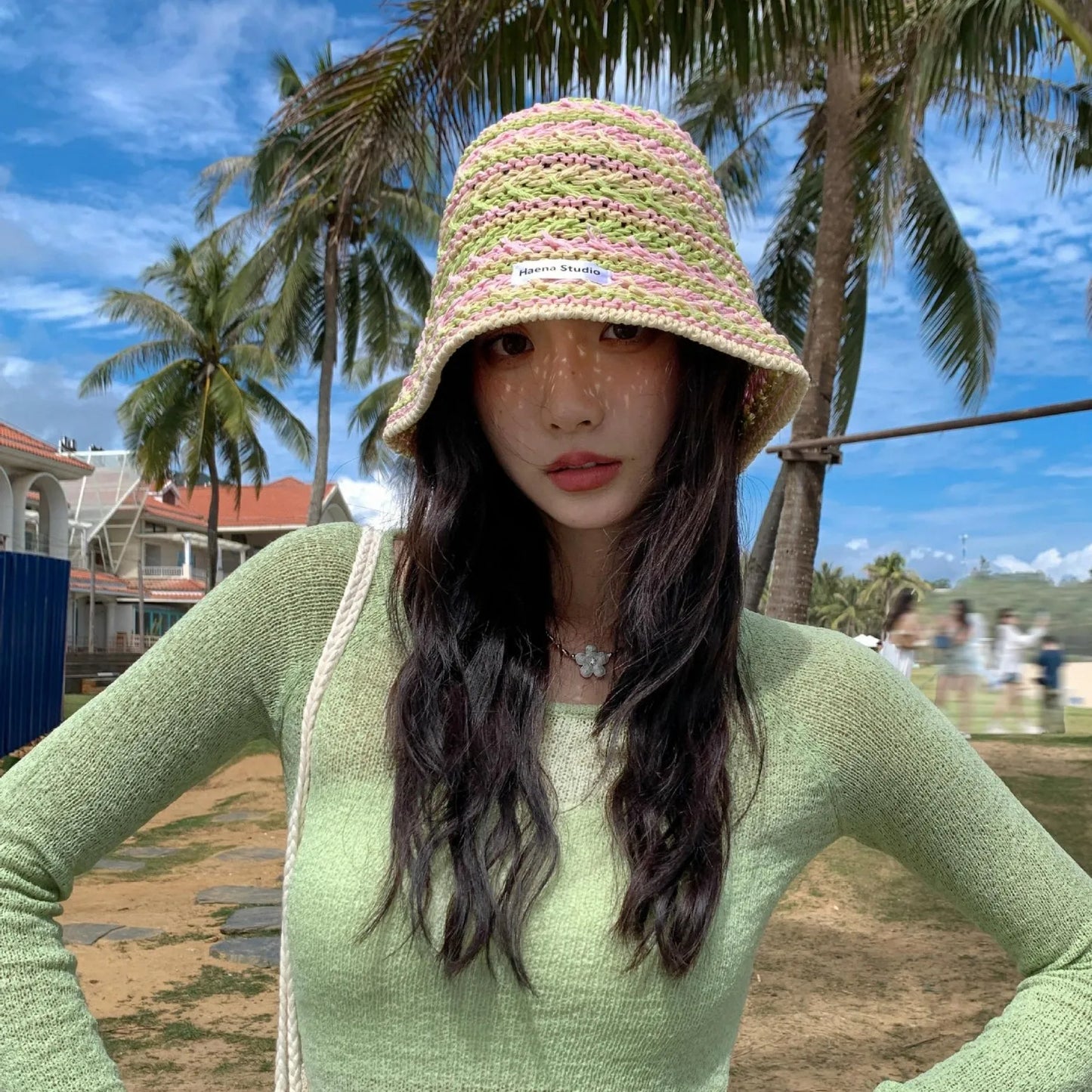 Womens Korean Knitted Stripe Hollow Bucket Hat