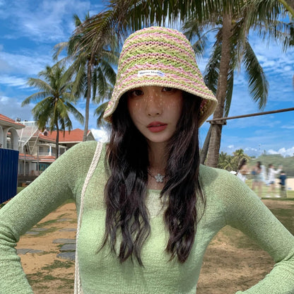 Womens Korean Knitted Stripe Hollow Bucket Hat