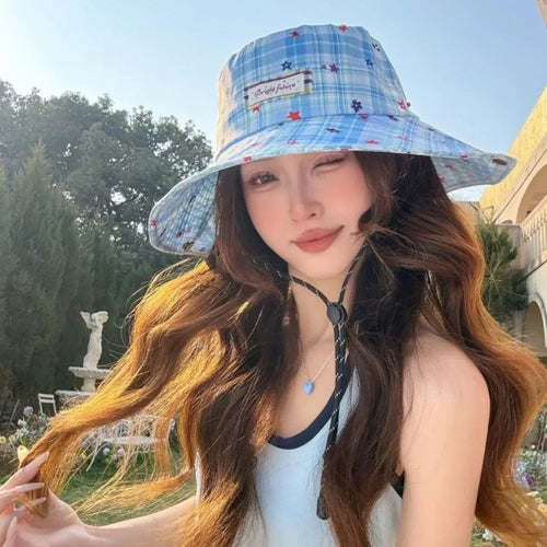 Portable Plaid Wide Brim Adjustable Sun Protection Bucket Hat
