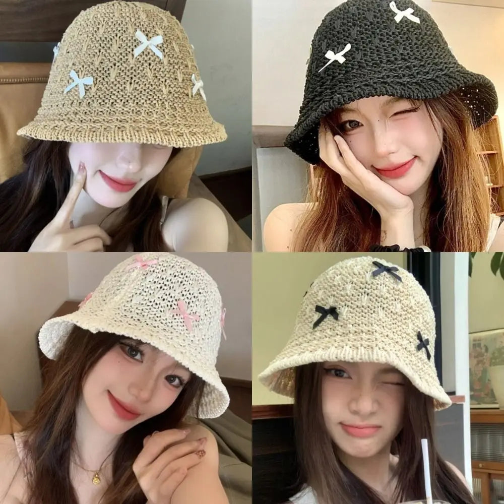 Mini Bow Korean Straw Beach Bucket Hat