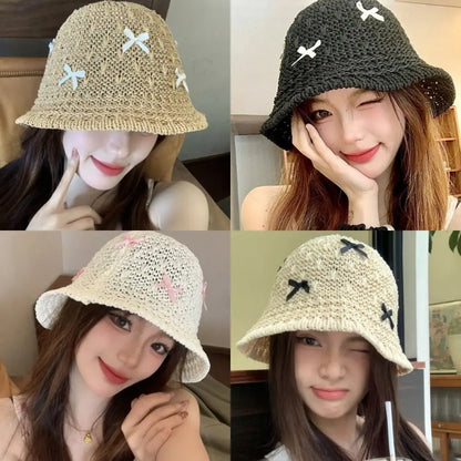 Mini Bow Korean Straw Beach Bucket Hat