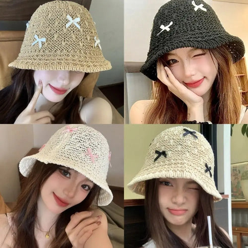 Mini Bow Korean Straw Beach Bucket Hat