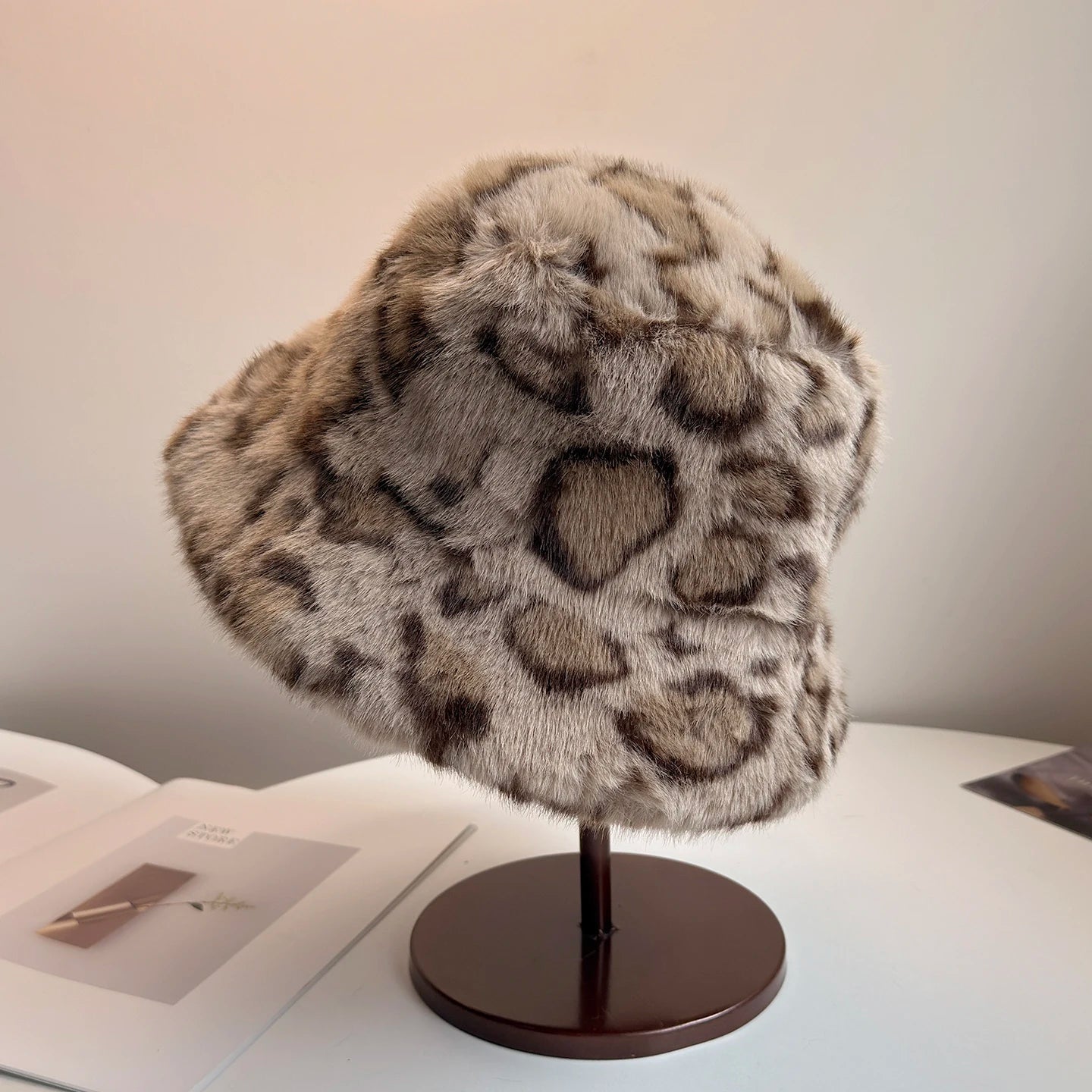 Leopard Print Faux Fur Bucket Hat