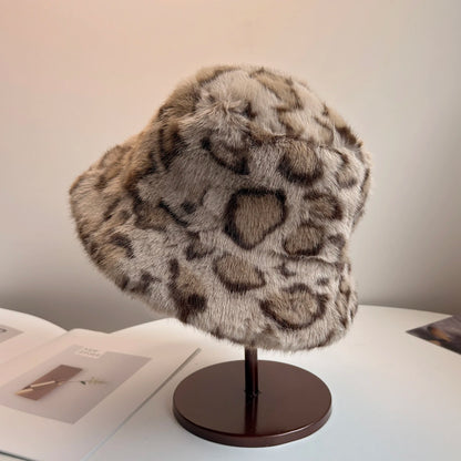 Leopard Print Faux Fur Bucket Hat