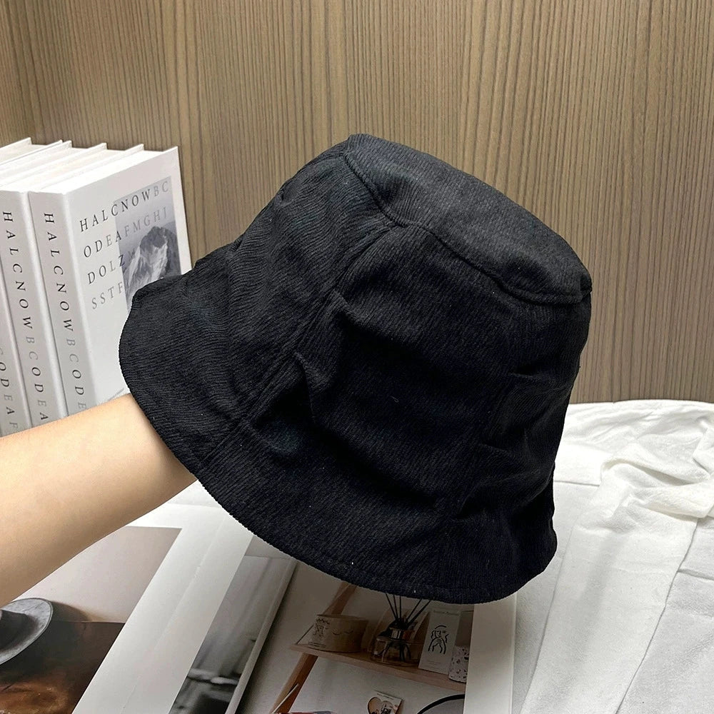 Korean Corduroy Warm Elastic Bucket Hat With Back Slit