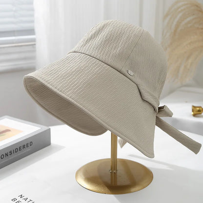 Korean Solid Color Bow Wide Brim Bucket Hat