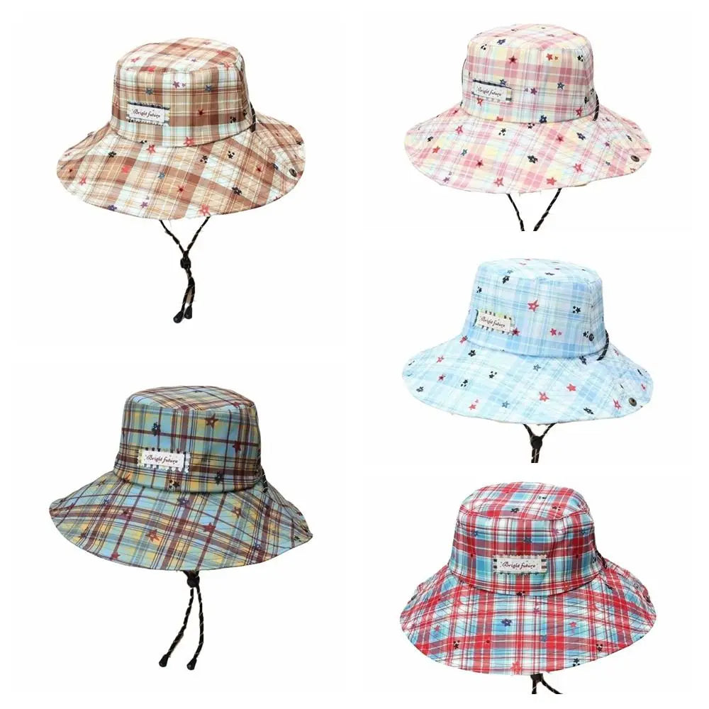 Portable Plaid Wide Brim Adjustable Sun Protection Bucket Hat