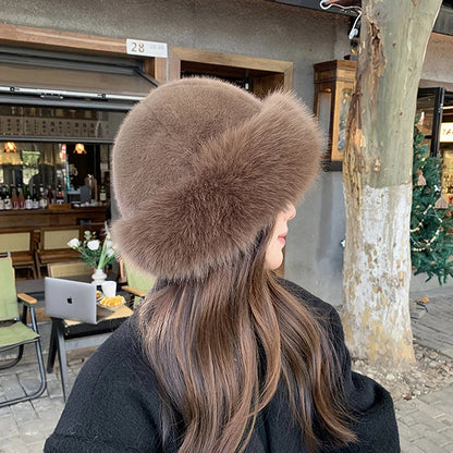Designer Faux Fur Winter Bucket Hat Women Plush Fisherman Cap