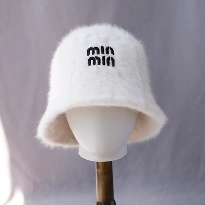 Plush Rabbit Fur Winter Bucket Hat for Women