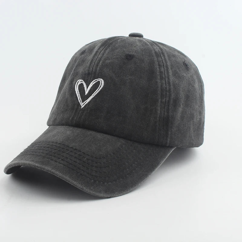 Love Heart Embroidery Washed Baseball Cap