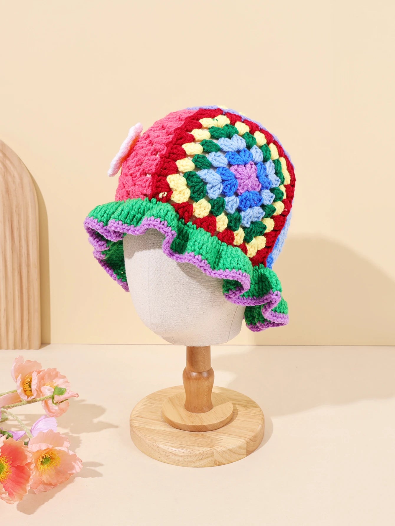 Flower Wool Hollow Knit Bucket Hat
