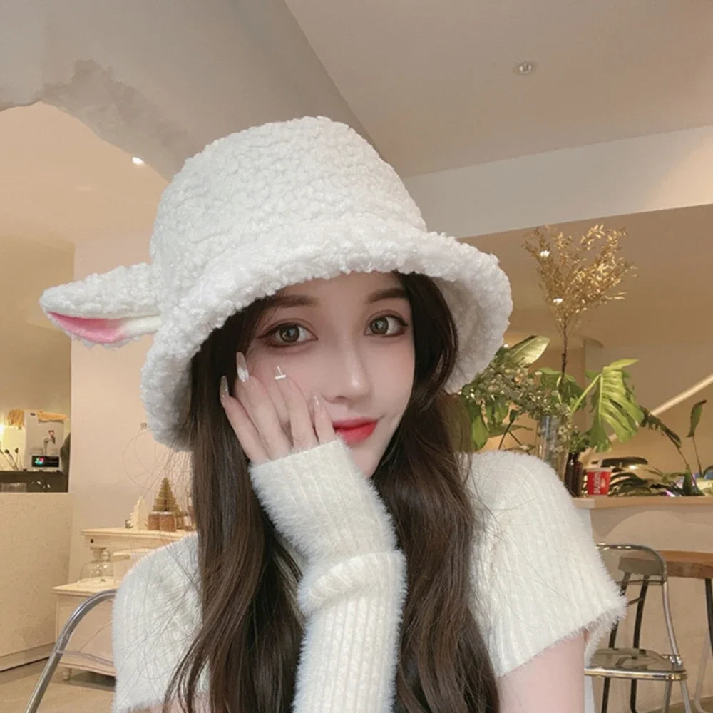 Vintage Winter Sheep Ear Plush Bucket Hat Women Warm Fisherman Cap