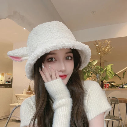 Vintage Winter Sheep Ear Plush Bucket Hat Women Warm Fisherman Cap