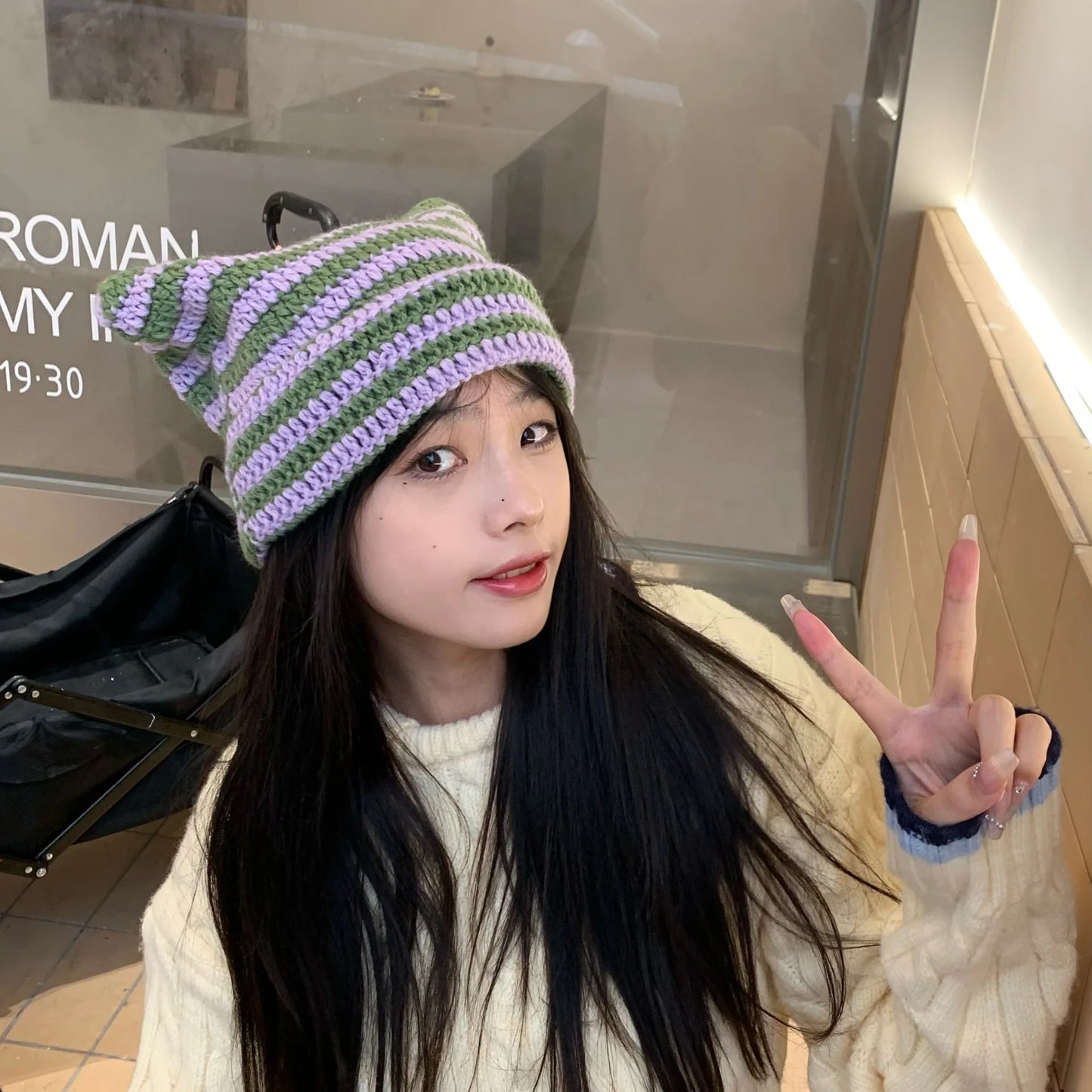 Striped Knit Cat Ears Bucket Hat
