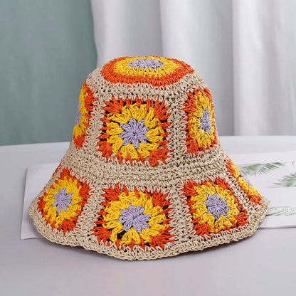 Womens Crochet Straw Foldable Summer Bucket Hat