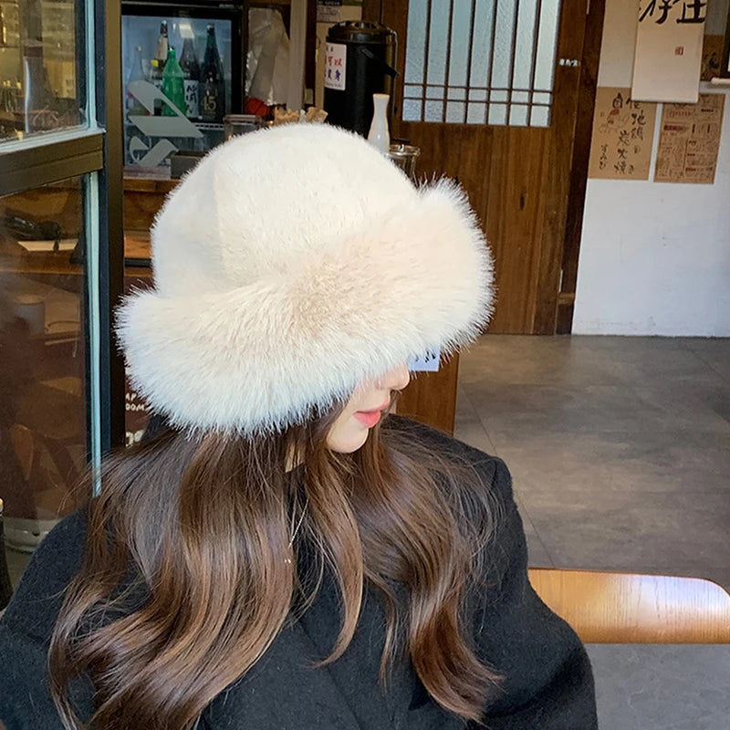 Designer Faux Fur Winter Bucket Hat Women Plush Fisherman Cap
