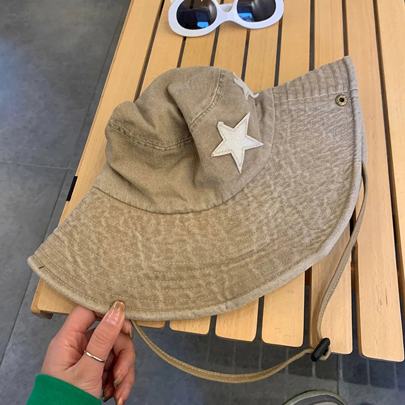 Pink Star Print Retro Korean Denim Bucket Hat