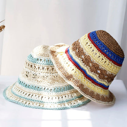 Handmade Rainbow Woven Japanese Straw Bucket Hat