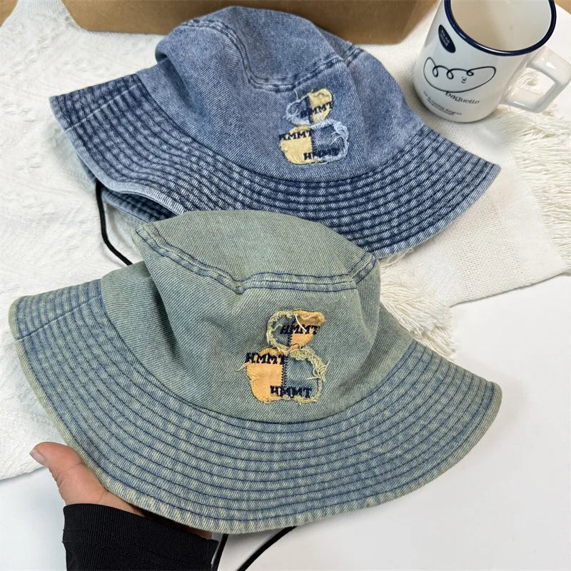 Japanese Style Big Brim Embroidered Denim Bucket Hat