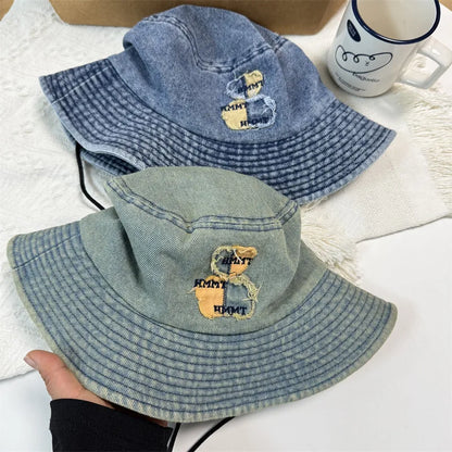 Japanese Style Big Brim Embroidered Denim Bucket Hat